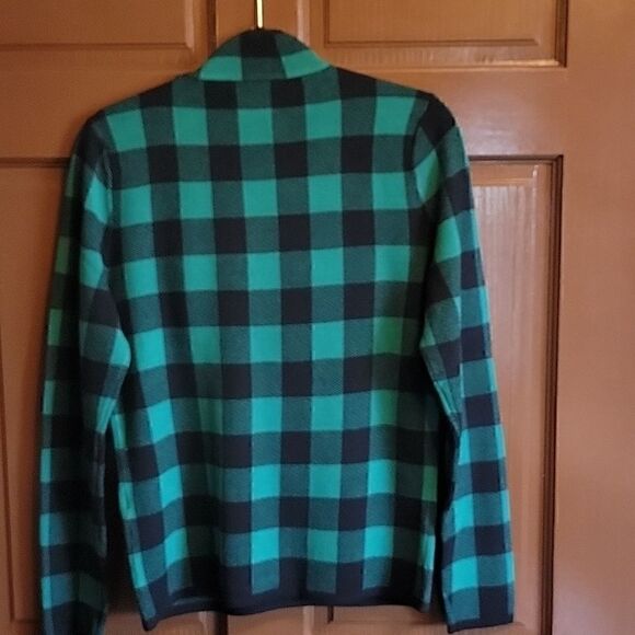 7th Avenue- green/blk rayon/poly plaid sweater with faux leather bow size L. NWT - Picture 4 of 4